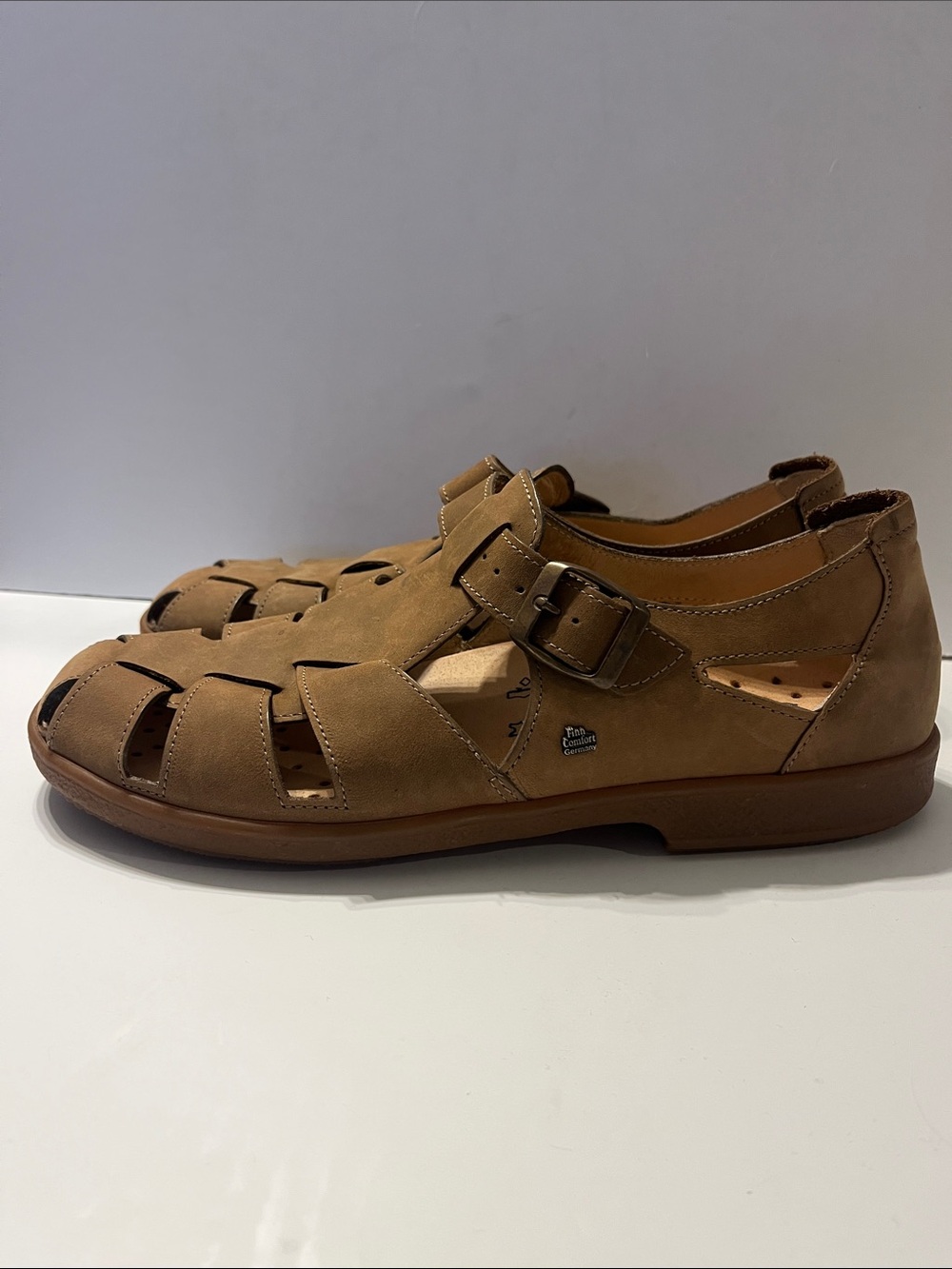 Finn Comfort Germany Suede Beige Brown Fisherman Sandals with Buckle